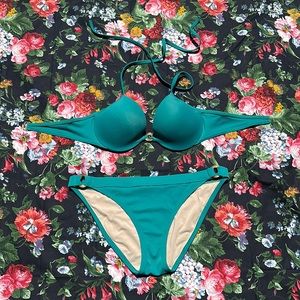 Victoria Secret Bio fit 2 piece swim suit teal w gold & faux wood accents 34c/M